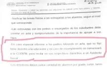  ??  ?? El memo dispone que se advierta a los padres que intervendr­á Codeni si no ayudan a sus hijos con las tareas.