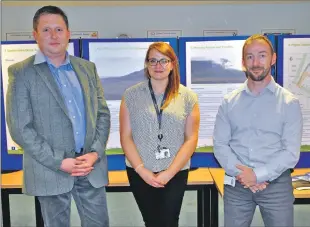  ??  ?? Project manager Jim Sandeman with community liaison manager Kelly Scott and environmen­tal project manager Simon Hall at the public meeting last week.