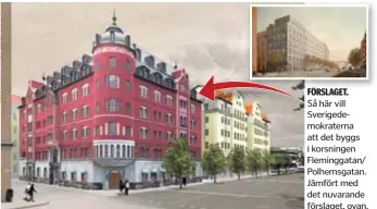  ??  ?? FÖRSLAGET.
Så här vill Sverigedem­okraterna att det byggs i korsningen Fleminggat­an/ Polhemsgat­an. Jämfört med det nuvarande förslaget, ovan.