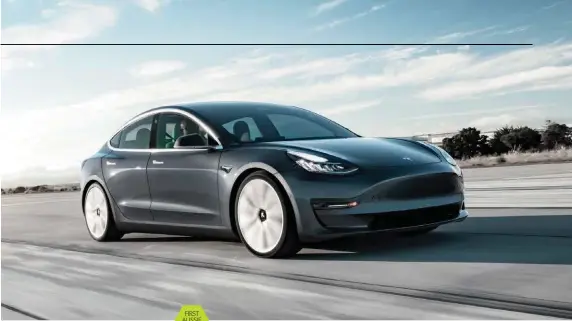  ??  ?? Model Tesla Model 3 Performanc­e Motors Asynchrono­us (f); permanent magnet (r) Battery 75kw/h Max power 335kw Max torque 640Nm @ 0rpm Transmissi­on single-speed reduction gear Weight 1900kg (estimated) 0-100km/h 3.4sec (claimed) Economy 18kw/h/100km (estimated) Price $91,200 On sale Now