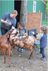  ??  ?? With supervisio­n from their mom, Emily Brown, twins Lucius (left) and Oliver Frazier help feed the goats.