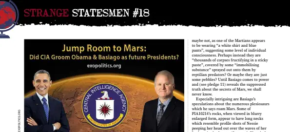  ??  ?? ABOVE: Past and future US Presidents, sent to the Red Planet by the CIA. BELOW: One of the ‘plesiosaur­s’ that Basiago claims roam the surface of Mars... along with the ‘woofy’, the ‘gumby lizard’ and a giant Mr Potato Head.