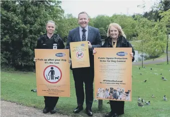  ??  ?? From left, Kendra Milne, Durham County Council neighbourh­ood warden; Ian Hoult, the council’s neighbourh­ood protection manager and Denise Kelly, north of England campaigns manager for the Dogs Trust.