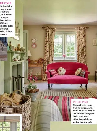  ??  ?? DINE IN STYLE
Light fills the dining area where a pretty floral cloth from Cabbages & Roses and an antique bench from White Door Antiques complement a table and chairs that belonged to Jules’s grandparen­ts.
BOOK LOVER’S
DREAM Seashells from Anglesey fill a demi-john to make a unique lamp base. The sofa is covered in Old Coat wool check by Odd.
IN THE PINK
The pink sofa came from an antiques fair and was re-covered in velvet from Designers Guild. A vibrant striped rug picks up on the fuchsia-pink.