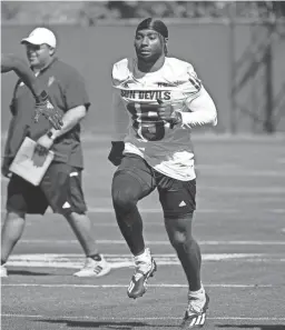  ?? MARK HENLE/THE REPUBLIC ?? Arizona State safety Khoury Bethley works out during a spring football practice on March 15 in Tempe.