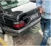  ?? PHOTOS: RAJ NARAYANAN ?? Raj Narayanan’s Mercedes Benz was hit from behind after he braked suddenly to avoid a Wellington window washer and, below the car that tail-ended his vehicle.