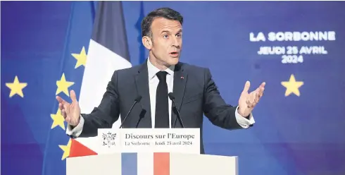  ?? AFP ?? French President Emmanuel Macron delivers a speech on Europe in an amphitheat­re of the Sorbonne University in Paris on Thursday.