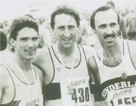  ??  ?? Glenn Forster, centre, with Graham Smith, left, and Dave Hill, after winning the Sunderland Half Marathon from Shiney Row to Seaburn in 1982.