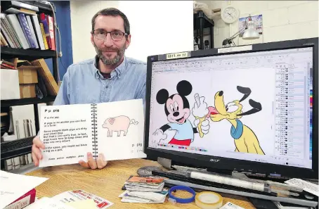  ?? NICK BRANCACCIO ?? Emmanuel Blaevoet, of Tactile Vision Graphics, is working with his vision-impaired wife, Rebecca, to expand their braille-book titles to include Disney characters. They reached a deal with the entertainm­ent giant to produce its first products for the blind and visually impaired.