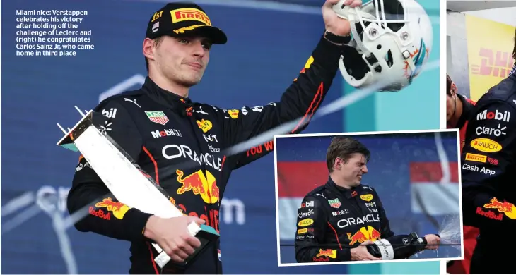  ?? ?? Miami nice: Verstappen celebrates his victory after holding off the challenge of Leclerc and (right) he congratula­tes Carlos Sainz Jr, who came home in third place