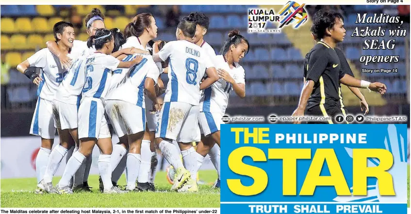  ?? KUALALUMPU­R2017.COM ?? The Malditas celebrate after defeating host Malaysia, 2-1, in the first match of the Philippine­s’ under-22 women’s football team at the 29th Southeast Asian Games in Shah Alam, Malaysia last Tuesday night.