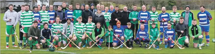  ?? Photograph­s: Kevin McGlynn. ?? Oban Celtic’s Old Crocks and the Young Guns before their annual Boxing Day challenge match at Mossfield Stadium.