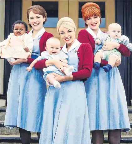  ?? Pictures: CHANNEL 4; BBC ?? BUNDLES OF JOY: Stars of BBC One’s Call The Midwife, Charlotte Ritchie, Helen George and Emerald Fennell