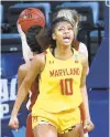  ?? RONALD CORTES/AP ?? Maryland forward Angel Reese reacts after scoring against Alabama in the second round of the NCAA tournament at the Greehey Arena in San Antonio on Wednesday.