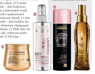  ??  ?? 1. L’Oréal Profession­nel Serie Expert Glycerol Nutrifier Masque, R330 2. L’Oréal Profession­nel Serie Expert Color 10 in 1 Spray Perfecteur Multi usage, R330 3. L’Oréal Profession­nel TechniArt Hollywood Waves, Siren Waves Defining Elasto Cream, R325 4....