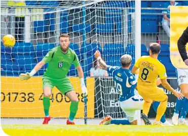  ??  ?? Man of the Match Scott Pittman pounces to put Livi ahead against St Johnstone