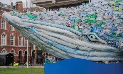  ?? Photograph: Guy Bell/REX/Shuttersto­ck ?? Pass on the Plastic whale sculpture, highlighti­ng the need to reduce waste and pollution.