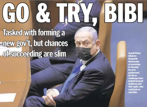  ??  ?? Israeli Prime Minister Benjamin Netanyahu at swearingin Tuesday for new parliament. He faces challenge from Naftali Bennett (bottom) and Yair Lapid, who could join to oust him.