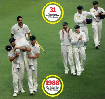  ?? AFP file ?? Years since England last won at The Gabba Was the last time the Aussies lost at The Gabba Australia’s Mitchell Johnson is carried off after wreaking havoc with the English batsmen in the 2013 Ashes series. —