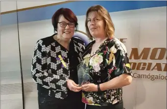  ??  ?? Catherine Behan Cullen, Avondale Camogie Club, was presented with her award as Wicklow Camogie’s Volunteer of the Year by Catherine Neary, Camogie Associatio­n President, at a function in Croke Park on Saturday. Congratula­tions, Catherine!