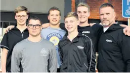  ??  ?? uShaka Swimming Club members who competed at the SA Short Course Championsh­ips in Durban from 8 to 12 August - (back) Jaron Weyermulle­r, Michael Esterhuyse, Johann Fourie, coach Francois Boshoff; (front) Naested Smit and Ethan Bender