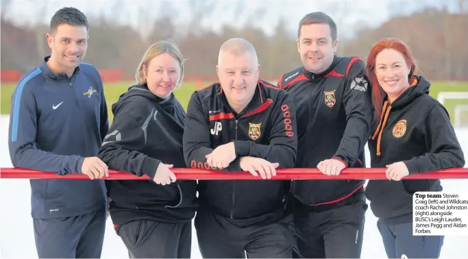  ??  ?? Top team Steven Craig (left) and Wildcats coach Rachel Johnston (right) alongside BUSC’s Leigh Lauder, James Pegg and Aidan Forbes