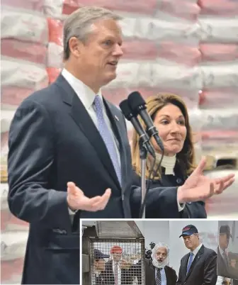  ?? STAFF PHOTOS, ABOVE AND LEFT, BY CHRIS CHRISTO ?? TALK OF THE TOWN: After a plant tour, Gov. Charlie Baker, above, addresses Table Talk employees and the media while Lt. Gov. Karyn Polito listens. During a plant tour, Table Talk President Harry Kokkinis, left, describes the pie baking process to Baker...