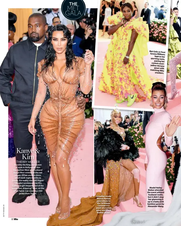  ??  ?? Canadian model Winnie Harlow paid tribute to the Caribbean Carnival in a jewel-encrusted gown and black feather jacket. Met Gala co-host Serena Williams kept to her sporting roots, pairing her custom neonyellow Versace gown with matching Nike sneakers. Model Hailey Bieber attended the event without husband Justin, but it didn’t stop her glamming it up in a baby pink backless gown by Alexander Wang.