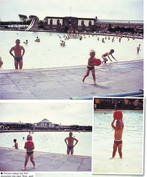  ??  ?? Photos taken by Del showing his dad, Ron, and brother, Kevin, at Southport Sea Bathing Lake in the 1960s. Note the slide in the top picture