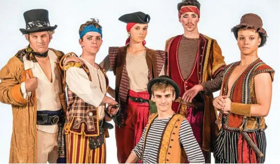  ?? Photo: LucyRC Photograph­y ?? SAILING HIGH SEAS: Ready to delight audiences in the Pirates of Penzance are (from left) Murray Siddans, Peter Webb, Ella Coleborn, Philip Jones (front), Jack Lee and Gage Howard-Secombe.