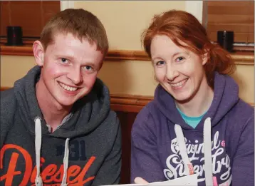  ??  ?? Michael Kavanagh and Sarah Merrigan who were taking part in the table quiz in the Loch Garman Arms in aid of Gorey Red Cross. CIRCUIT CLASSES MONASEED ICA