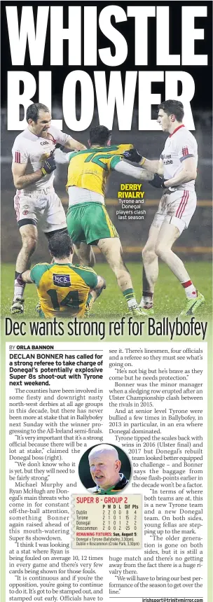  ??  ?? DERBY RIVALRY Tyrone and Donegal players clash last season