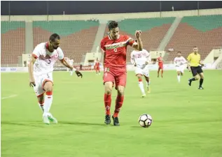  ??  ?? CRUCIAL POINT: Oman’s Abdulaziz Al Maqbali, right, controls the ball during their Group A match against Bahrain in the CISM World Cup at the Sultan Qaboos Sports Complex on Wednesday.