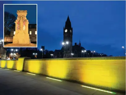  ??  ?? ●» The bridge lit in yellow and, inset, the Cenotaph