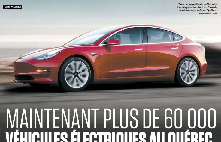  ?? PHOTOS COURTOISIE ?? Tesla Model 3
Près de la moitié des véhicules électrique­s circulant au Canada sont immatricul­és au Québec.