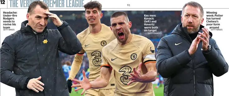  ?? GETTY IMAGES GETTY IMAGES GETTY IMAGES ?? Headache: Under-fire Rodgers needs to revive his team
Key men: Kovacic (left) and Havertz were both on target
Winning week: Potter has turned Chelsea’s poor form
around