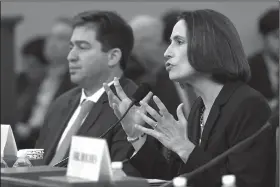  ?? AP/SUSAN WALSH ?? Former White House national security aide Fiona Hill, sitting with her lawyer Lee Wolosky, said at Thursday’s impeachmen­t hearings that the theory that Ukraine interfered in the 2016 election “is a fictional narrative.”