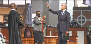  ?? Alyssa Pointer / Associated Press ?? Former President Barack Obama acknowledg­es the crowd after addressing services for the late Rep. John Lewis, D-Ga., at Ebenezer Baptist Church in Atlanta on Thursday.