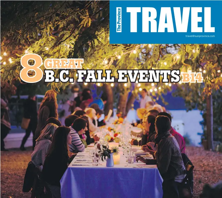 ?? — ANDREW STRAIN/DESTINATIO­N BC ?? Dining at long tables under the stars and twinkling lights at God’s Mountain Estate is part of The Fall Okanagan Wine Festival.
