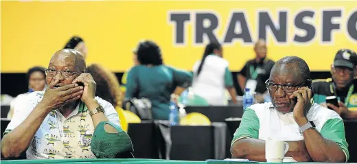  ?? / VELI NHLAPO ?? Former ANC president Jacob Zuma and newly elected party leader Cyril Ramaphosa during the 54th national elective conference in Nasrec, Johannesbu­rg, on Tuesday.