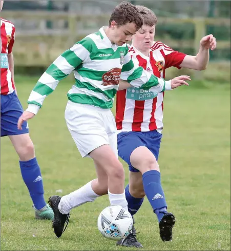  ??  ?? Liam McPartlin of Donacarney Celtic and Sean Hackett of Laytown United in action during their SFAI U-16 Cup tie at Castlemart­in.