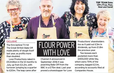  ??  ?? The firm behind TV hit
The Great British Bake Off made plenty of dough itself last year, as profits more than doubled.
Love Production­s raked in £5.1million in the 12 months to July, up from £2.2m, with turnover jumping by a quarter to £20m. The leap...