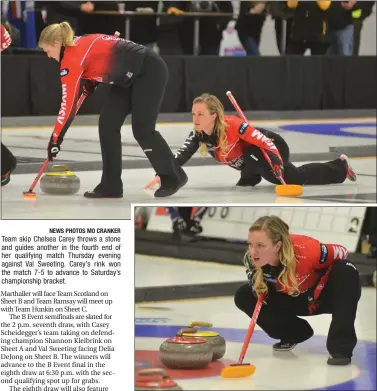  ?? NEWS PHOTOS MO CRANKER ?? Team skip Chelsea Carey throws a stone and guides another in the fourth end of her qualifying match Thursday evening against Val Sweeting. Carey's rink won the match 7-5 to advance to Saturday’s championsh­ip bracket.