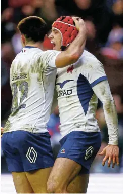  ?? Picture: Lee Smith/Reuters ?? France’s Louis Bielle-Biarrey celebrates scoring a try with Nolann Le Garrec.