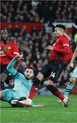  ??  ?? Jesse Lingard is first to the loose ball to equalise for Manchester United at Old Trafford last night