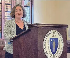  ?? ?? Co-chair of the Joint Committee on Environmen­t and Natural Resources Sen. Rebecca Rausch, D-Needham, speaks Wednesday at a forum where advocates urged lawmakers to favor measures that would require testing of private wells, especially at real estate transfers.