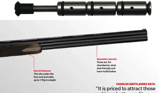  ??  ?? Barrel balancer This sits under the fore-end and adds up to 170g in weight
Monobloc barrels These are 3in chambered, steelshot friendly and have multichoke­s