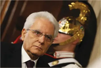  ?? (Alessandro Bianchi/Reuters) ?? ITALIAN PRESIDENT Sergio Mattarella arrives to meet media after a meeting with Prime Minister-designate Giuseppe Conte at the Quirinal Palace in Rome earlier this week.