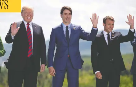  ?? JUSTIN TANG / THE CANADIAN PRESS ?? U.S. President Donald Trump, Prime Minister Justin Trudeau and French President Emmanuel Macron during the G7 leader’s summit in La Malbaie, Que., in 2018. Trudeau has made plain that securing a UN Security Council seat is among his top foreign policy priorities.