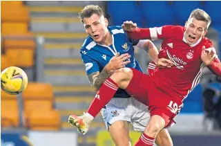  ?? Pictures: SNS. ?? Left: Ryan Hedges fires home Aberdeen’s winner; top: Perth midfielder Ali Mccann tussles with Craig Bryson; above: Saints skipper Jason Kerr challenges Lewis Ferguson; below: Funso Ojo closes in on David Wotherspoo­n.